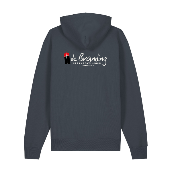 Uniseks hooded sweater van Strandpaviljoen De Branding, duurzaam gemaakt van biologisch katoen en gerecycled polyester, met eilandlogo op de borst.