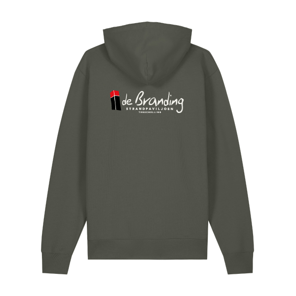 Uniseks hooded sweater van Strandpaviljoen De Branding, duurzaam gemaakt van biologisch katoen en gerecycled polyester, met eilandlogo op de borst.