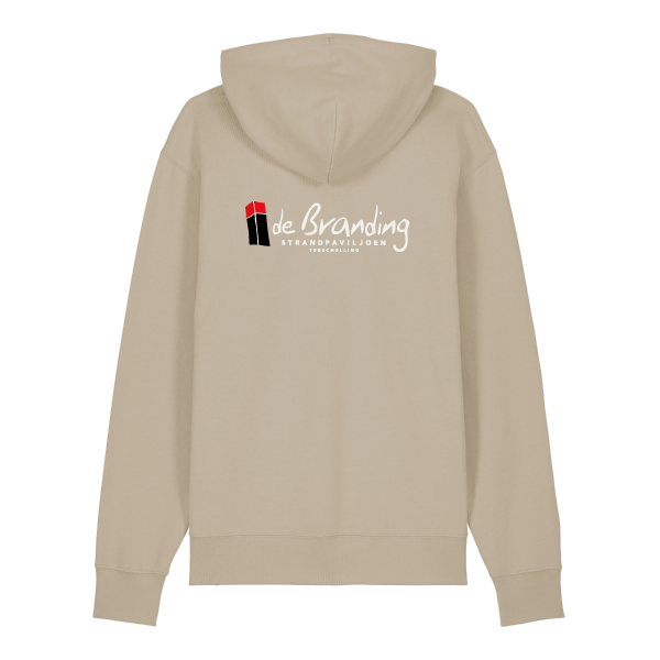Uniseks hooded sweater van Strandpaviljoen De Branding, duurzaam gemaakt van biologisch katoen en gerecycled polyester, met eilandlogo op de borst.
