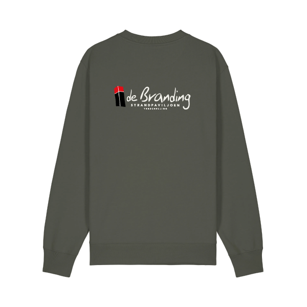Uniseks sweater van Strandpaviljoen De Branding, duurzaam gemaakt van biologisch katoen en gerecycled polyester, met eilandlogo op de borst.