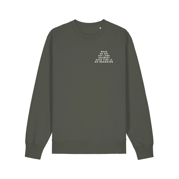 Uniseks sweater van Strandpaviljoen De Branding, duurzaam gemaakt van biologisch katoen en gerecycled polyester, met eilandlogo op de borst.