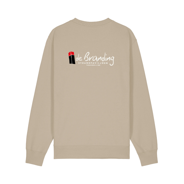 Uniseks sweater van Strandpaviljoen De Branding, duurzaam gemaakt van biologisch katoen en gerecycled polyester, met eilandlogo op de borst.